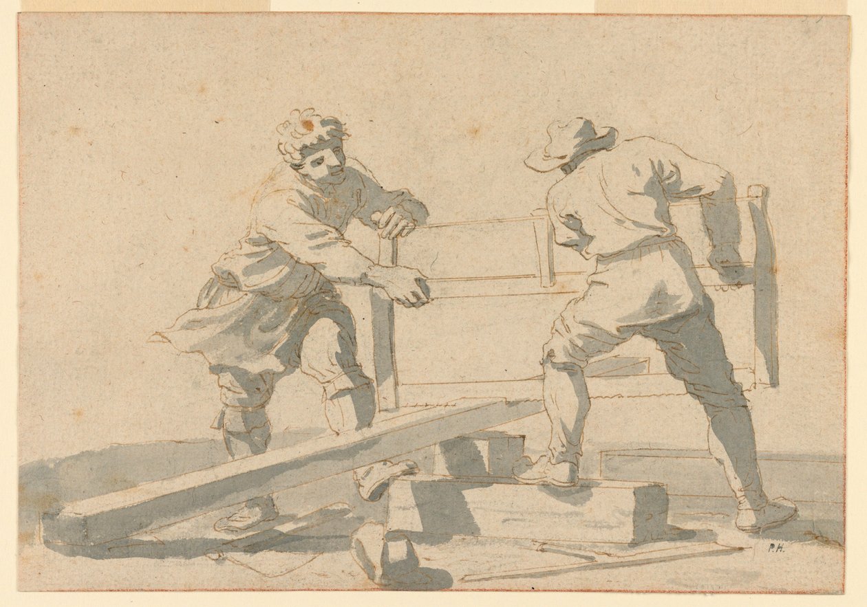 Két férfi deszkát fűrészel alkotó: Unknown artist