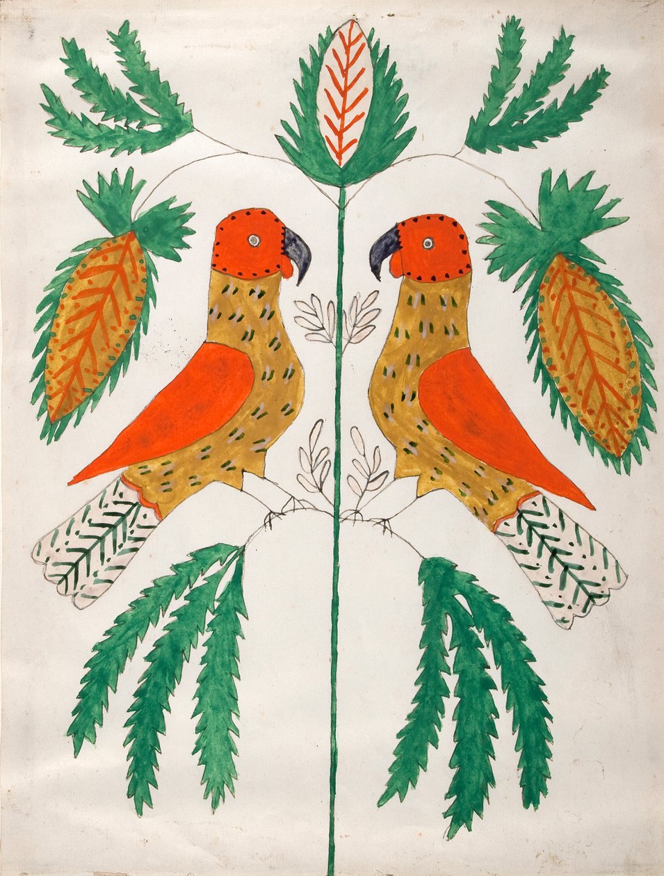 Két piros és sárga papagáj egymással szemben (zöld levelek) alkotó: Unknown artist