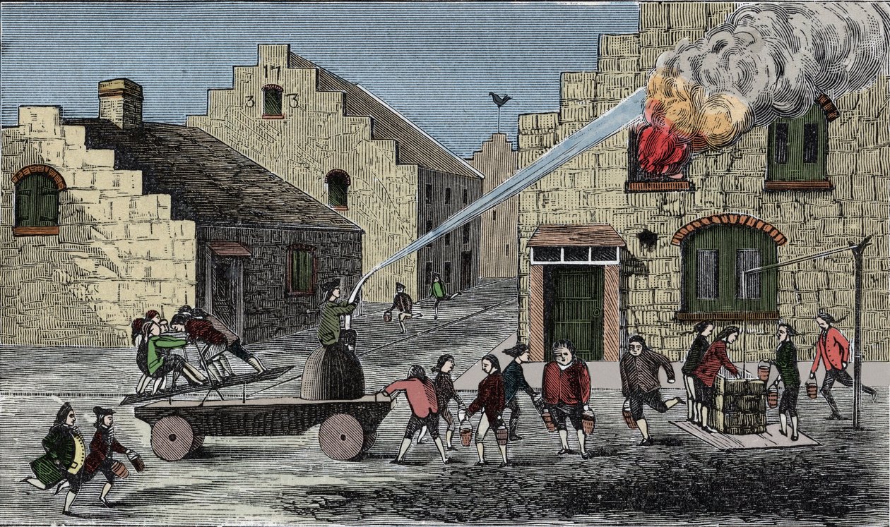 Tűzoltó szivattyú használata tűz oltására. 1733-as metszet. alkotó: Unknown artist