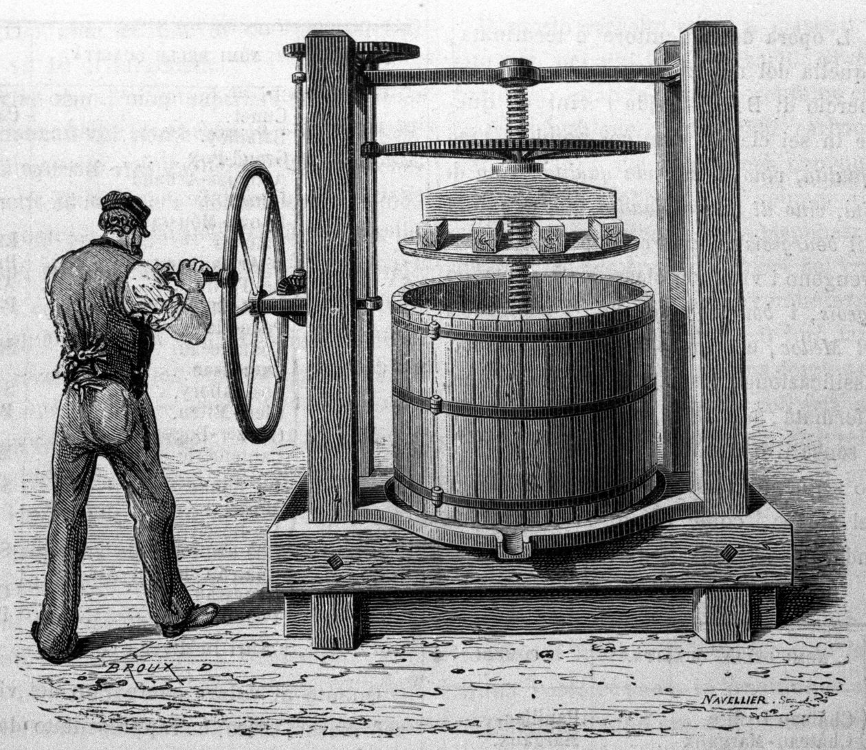 Prés használata szőlőtörköly előállításához Medocban és Cognacban. Metszet a 19. század végéről alkotó: Unknown artist