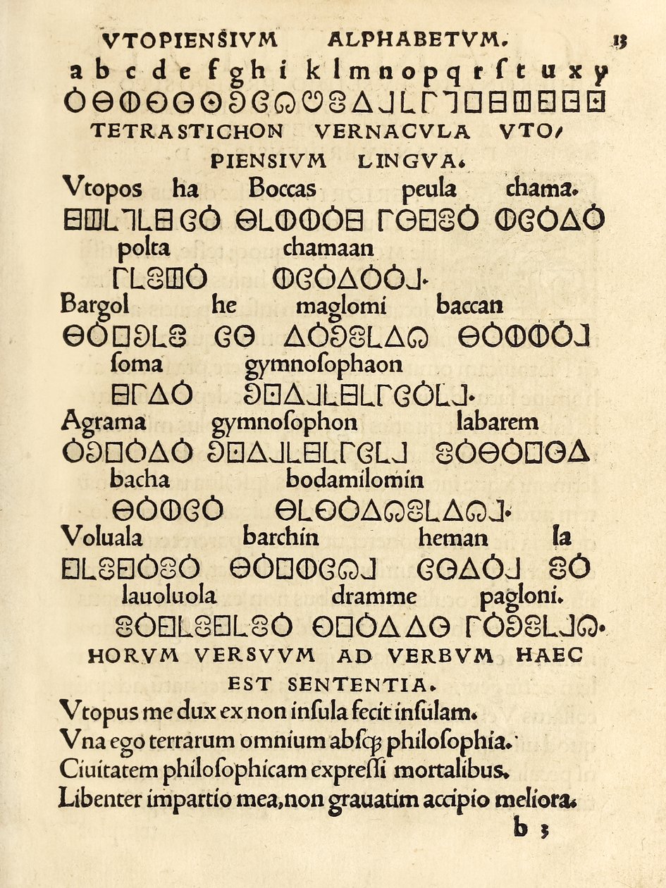 Utopiensium Alphabetum" (Utópiai ábécé) Sir Thomas More (1478-1535) "Utópia" 1518-as harmadik kiadásából, amely először 1516-ban jelent meg. A fametszet az Utópia szigetén használt fiktív nyelvet mutatja be. alkotó: Unknown artist