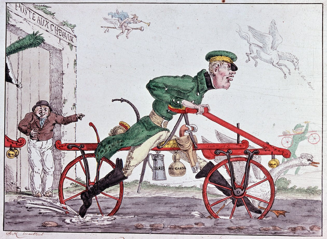 Velocipedes draisiennes - karikatúra Drais báróról alkotó: Unknown artist