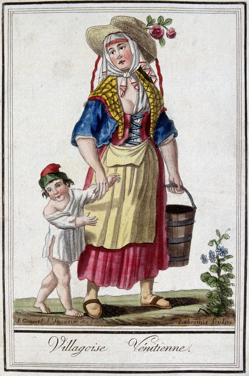 Velencei falu fiával. 18. századi metszet. alkotó: Unknown artist