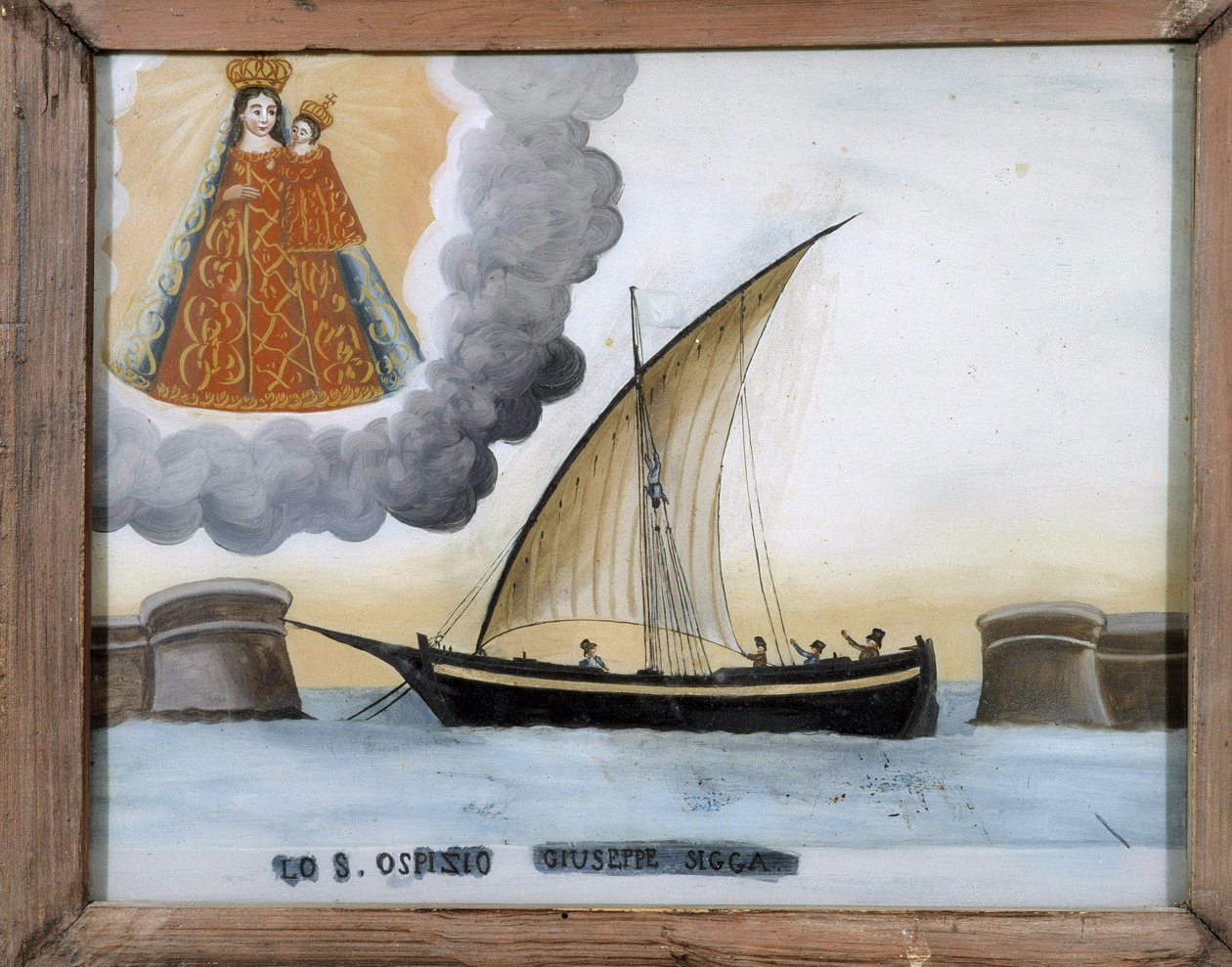 Nehéz hajó - üvegre festés, a Notre Dame de Laghet ex-voto, 25x32 cm alkotó: Unknown artist