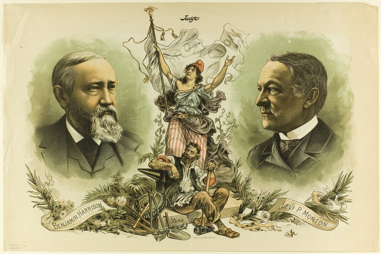 Győzelem portréi Benjamin Harrisonról és Levi P. Mortonról, a bírótól alkotó: Unknown artist