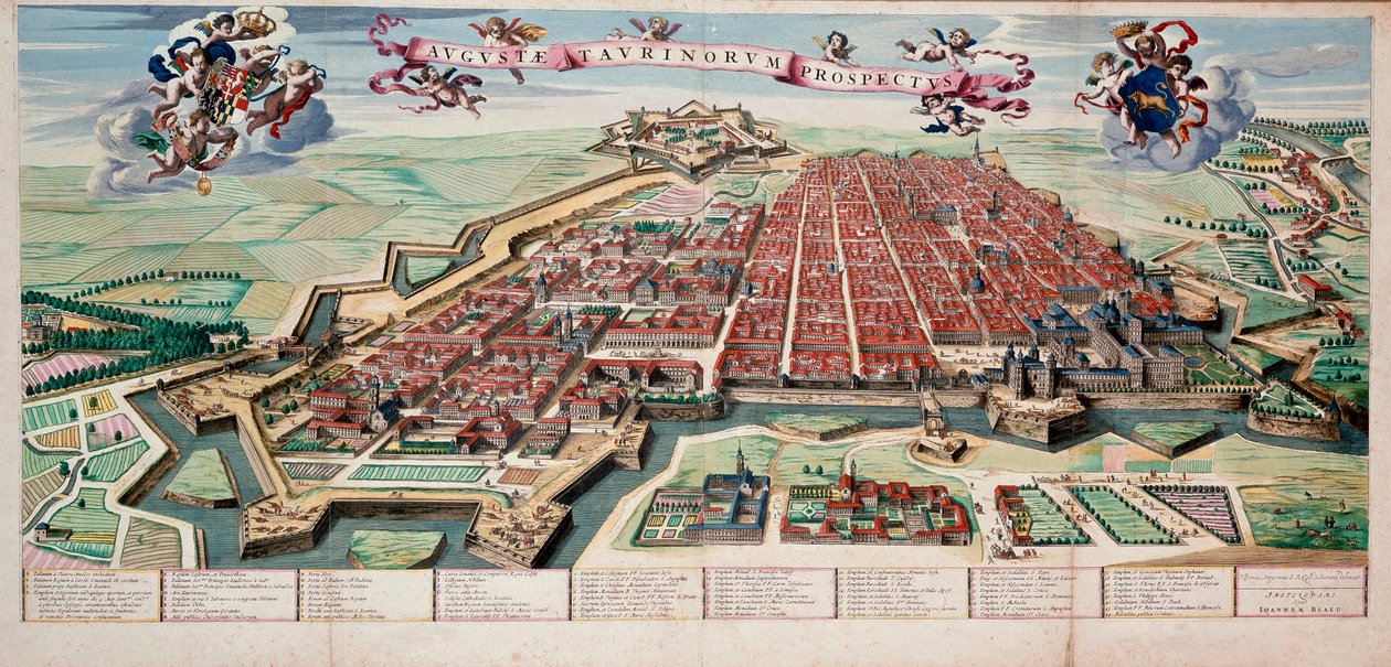 Torino városának (Torino piemonte) nézete és térképe 1700 Coloree nyomtatásban. alkotó: Unknown artist