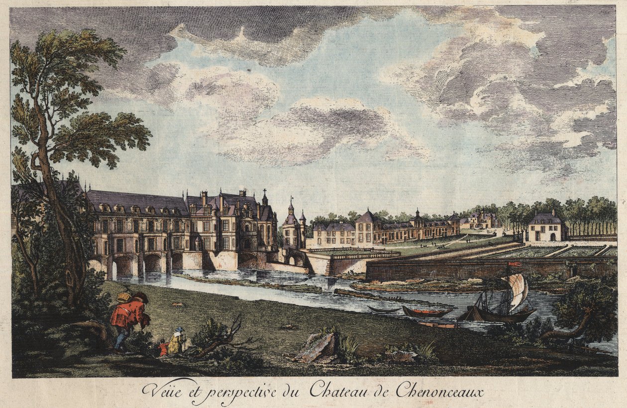 Az Indre-et-Loire (Franciaország) Chenonceau kastélyának kilátása és perspektívája 18. századi metszet alkotó: Unknown artist