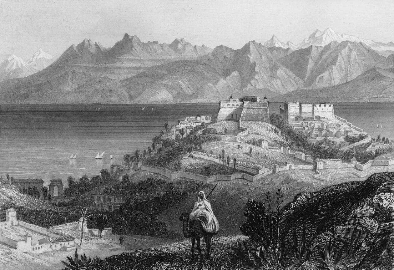 Kilátás az Atlasz gyertyájára és láncára a 19. században, a francia hadsereg által 1833-ban elfoglalt város, Leon Galibert „” L