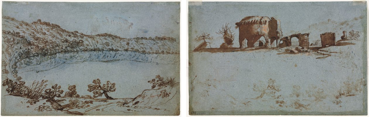 Kilátás a Nemi-tóra (recto) Római romok kis csoportja (verso) alkotó: Unknown artist