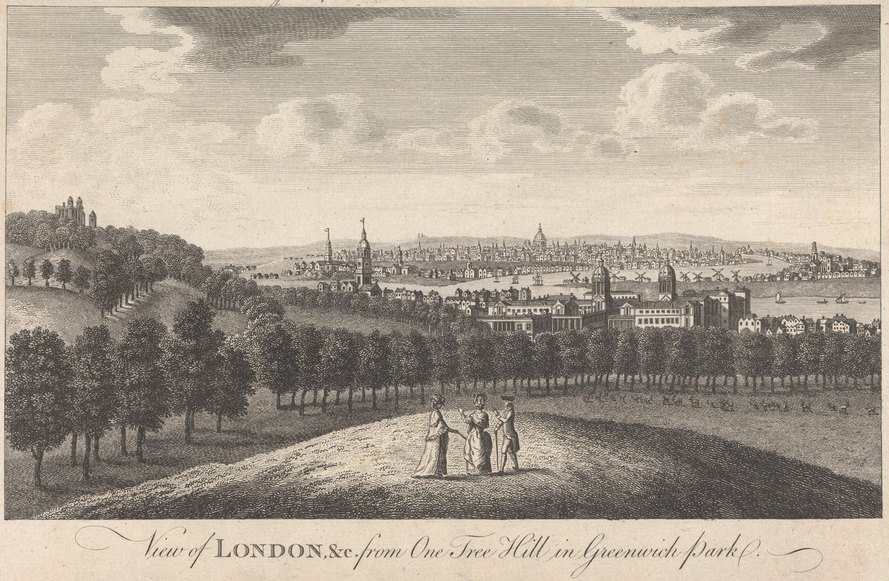 Kilátás Londonra és a templomra a One Tree Hillről a Greenwich Parkban alkotó: Unknown artist