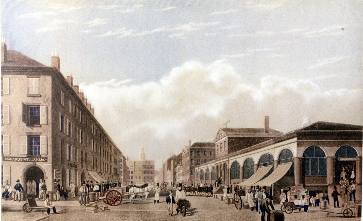 Kilátás New Yorkra: Piac a Fulton Streeten. SD litográfia a 19. század közepe táján. alkotó: Unknown artist