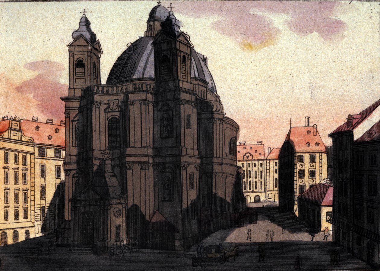 Kilátás a Szent Péter térre és a templomra Bécsben, Ausztriában Metszet 1820-ból alkotó: Unknown artist