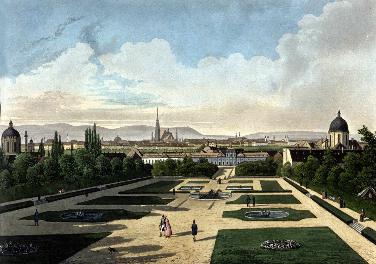 Kilátás a bécsi Belvedere-re, az osztrák barokk palotára, amelyet Eugene de Savoye épített. századi litográfia alkotó: Unknown artist