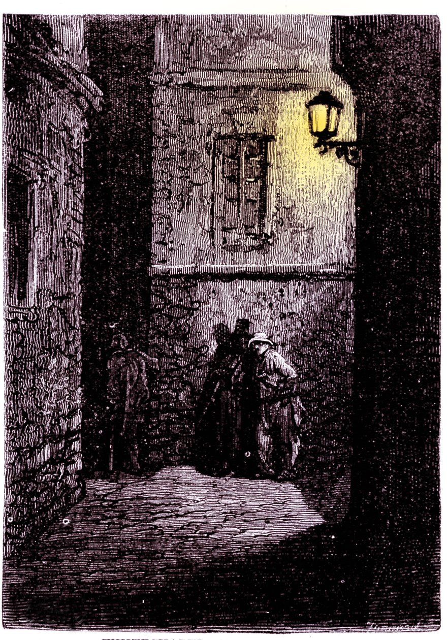 Kilátás egy sötét sikátorra London Whitechapel kerületében. 18. századi metszet alkotó: Unknown artist