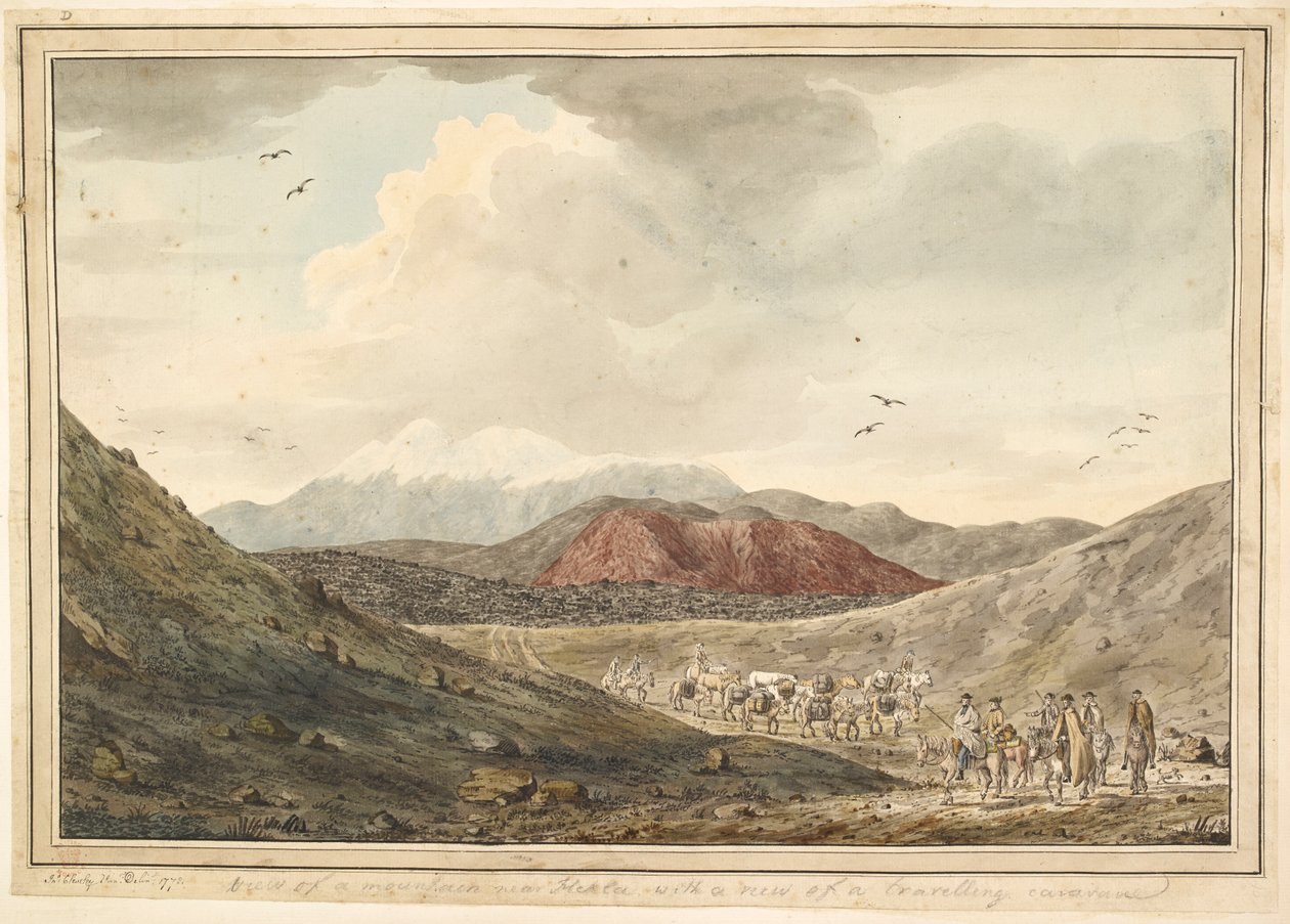 Kilátás a hegyre, Hekla közelében, kilátással egy utazó karavánra. alkotó: Unknown artist