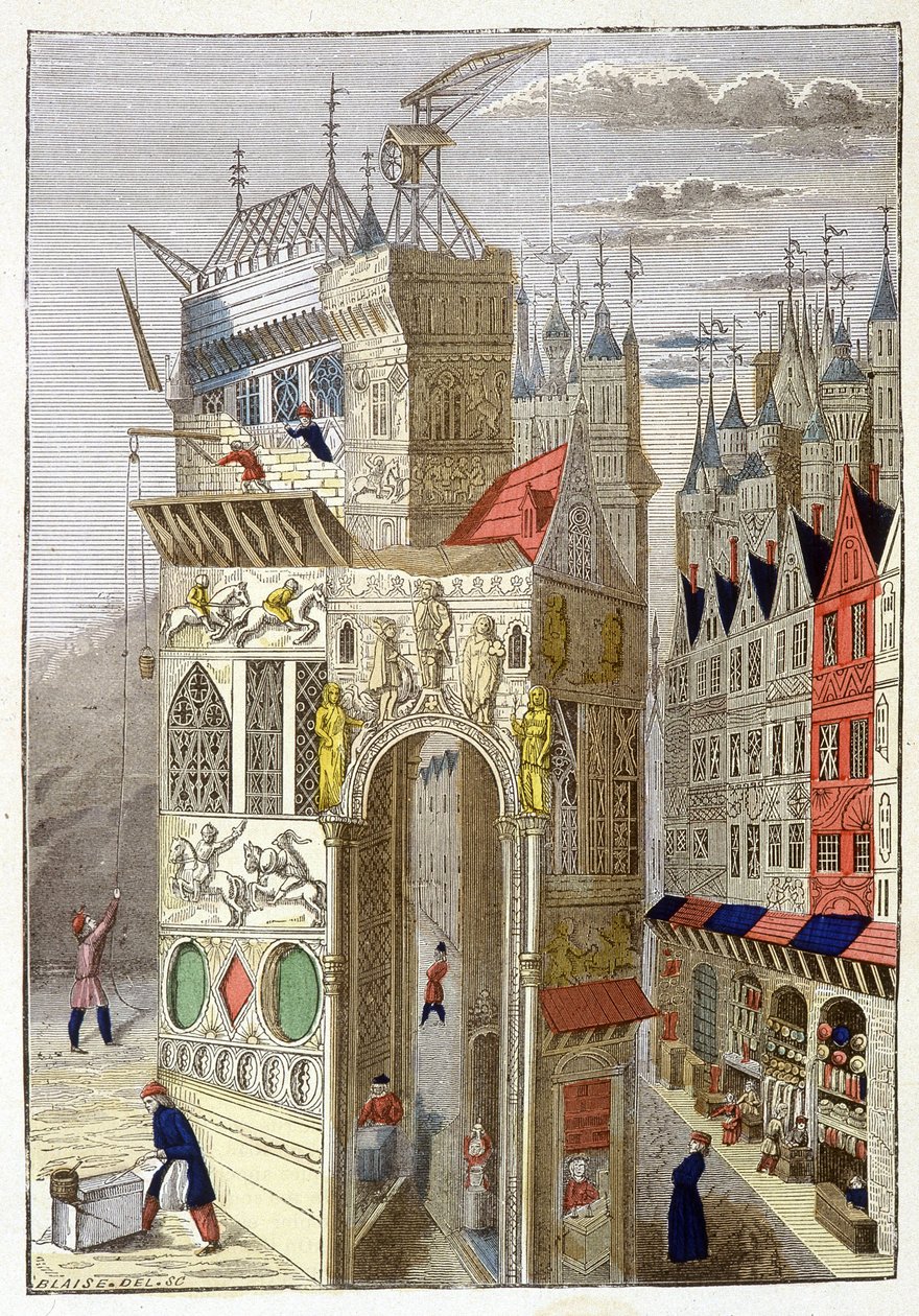 Kilátás a 15. századi rue de Paris utcára, favázas házaival és épülő templomával. alkotó: Unknown artist