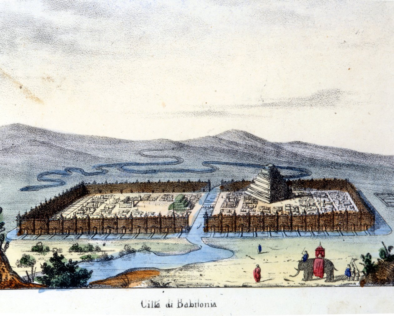 Kilátás az ókori Babilonra: középen a templom és a függőkertek. Égő sd. század eleje. alkotó: Unknown artist