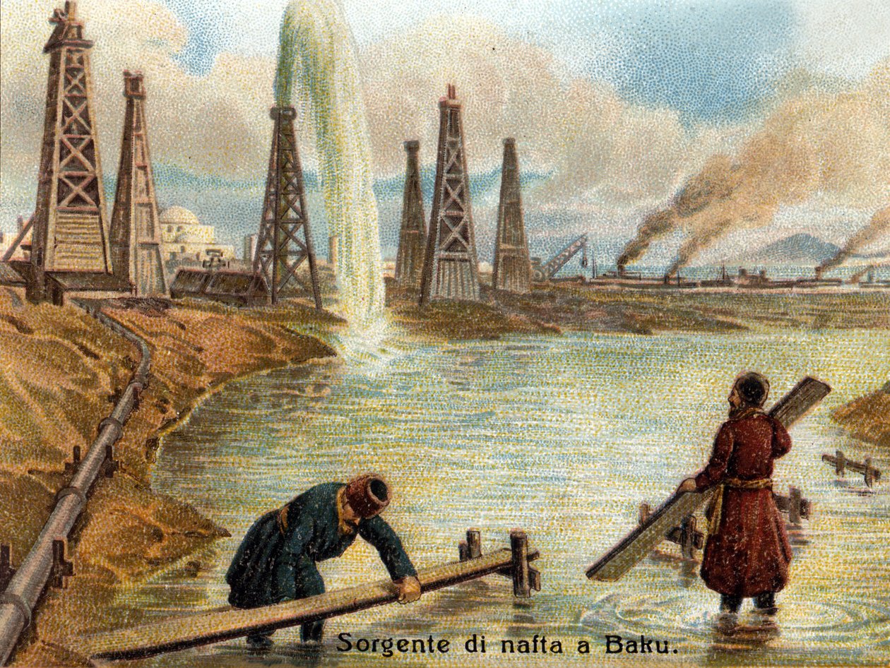 Kilátás az olajkutakra Bakuban, Azerbajdzsánban. 1890 körül készült kromolitográfia. alkotó: Unknown artist