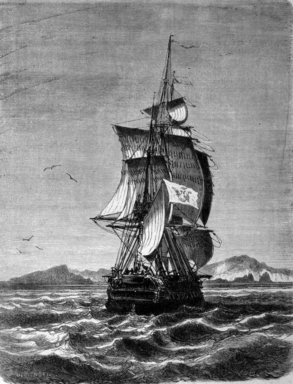 A Novara osztrák fregatt látványa az Indiai-óceáni Szent Pál-sziget előtt 1857-ben. Metszet a XIX. alkotó: Unknown artist