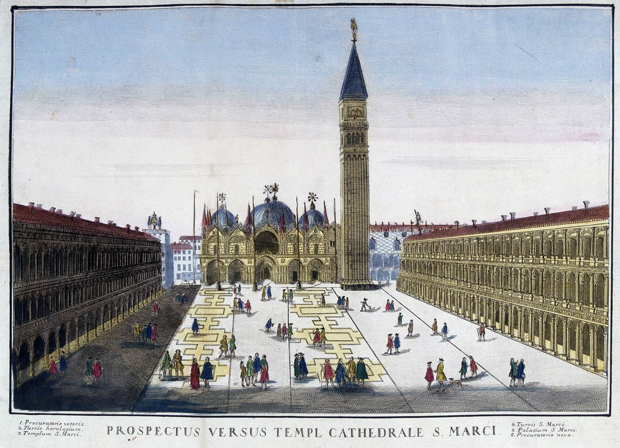 Kilátás a Bazilikára és a Campanile-re a Szent Márk térről (San Marco) Velencében, Olaszországban. 18. századi metszet. alkotó: Unknown artist