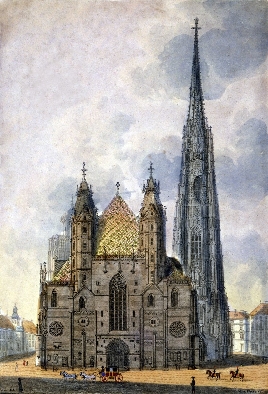 A Szent István-székesegyház (St. Stephen vagy Stephansdom vagy St. Stephane vagy St. Stephan Kirche) látképe Bécsből Ausztriából a 18. század végén. alkotó: Unknown artist