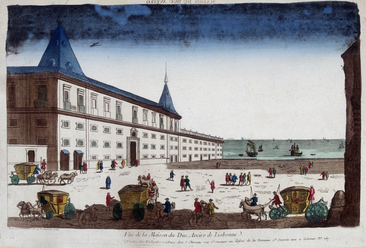 Kilátás az Aveiro herceg házára Lisszabonban, Portugáliában. 18. századi metszet. alkotó: Unknown artist
