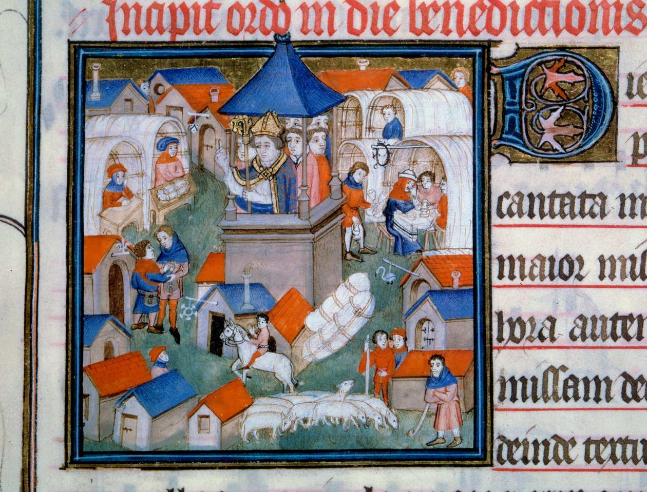Kilátás a Lendit vásárra, népi összejövetel és séta Saint Denis városában A párizsi estély megáldotta a rendezvény megnyitóját. Miniatűr a „Pontifical de Sens” 14. századi Párizsból, B.N. alkotó: Unknown artist