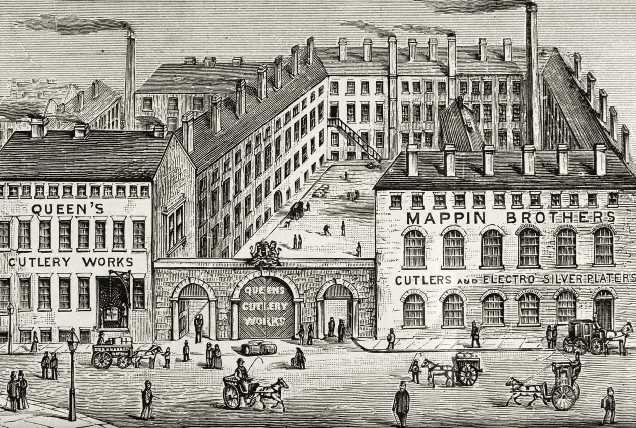 A londoni Mappin Brothers evőeszközgyár látképe. Részlet az 1891-es hirdetésből. Metszet. alkotó: Unknown artist