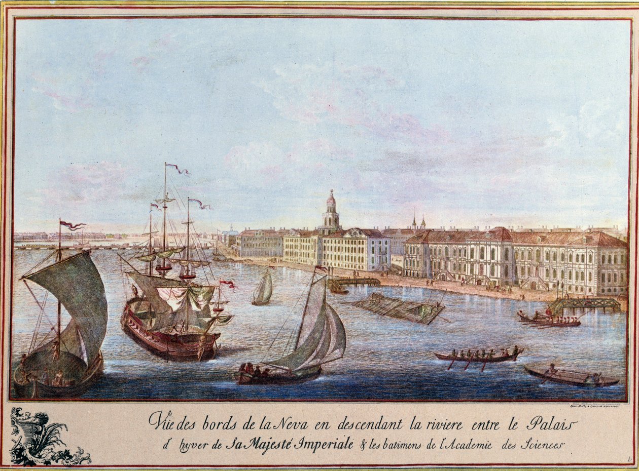 Kilátás a Névára a Téli Palotánál és a Szentpétervári Tudományos Akadémiánál. Nyomtatás 1753 körül. Paris, B.N. alkotó: Unknown artist