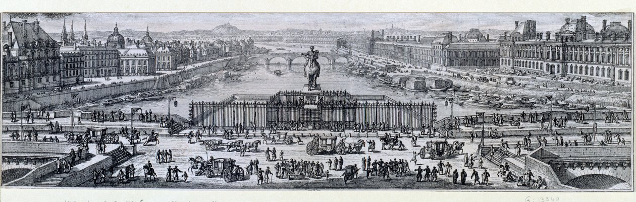 Kilátás a Pont Neuf-ra Párizsban. Metszet a 17. Párizs végéről, Musee Carnavalet alkotó: Unknown artist