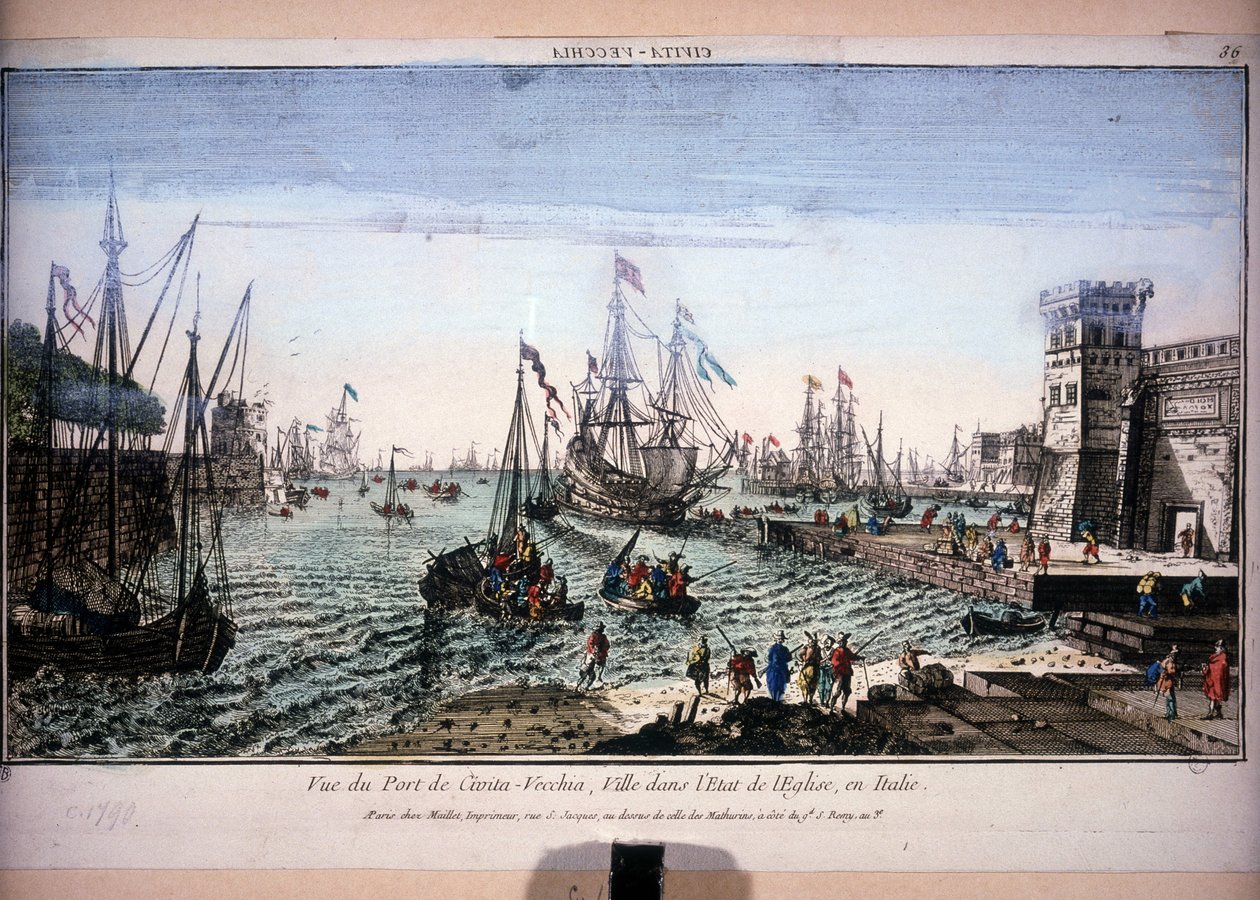 Kilátás a Civitavecchia kikötőre, város az egyház államában, Olaszország. 18. századi optikai nézet. alkotó: Unknown artist