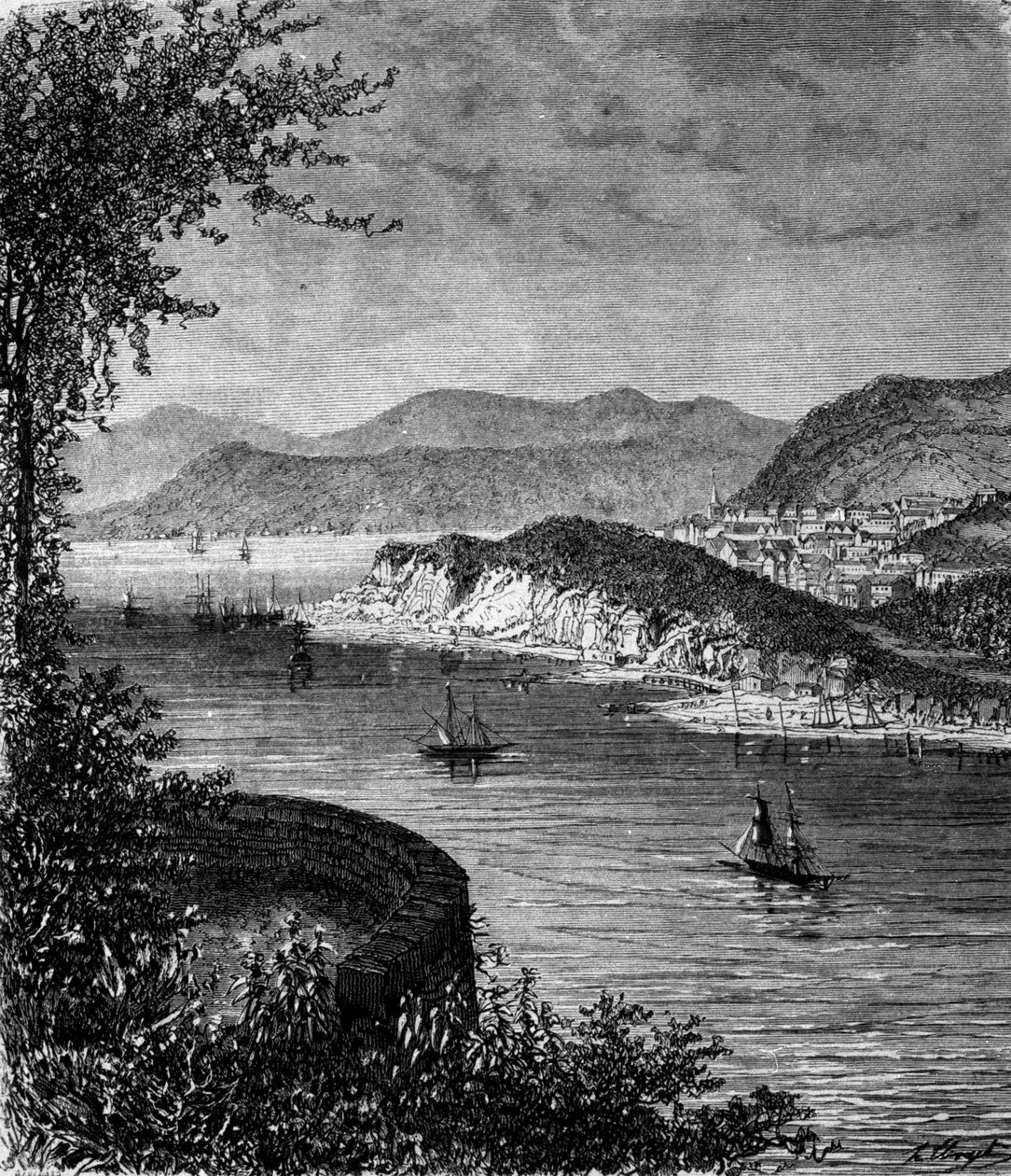 Kilátás a St. Lawrence folyóra, Észak-Amerikában. 19. századi metszet alkotó: Unknown artist