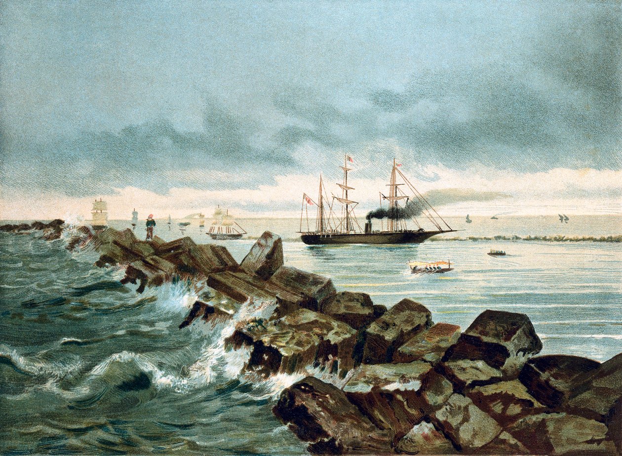 A Szuezi-csatorna látképe 1869.09.17-én avatják fel. századi kromolitográfiája alkotó: Unknown artist