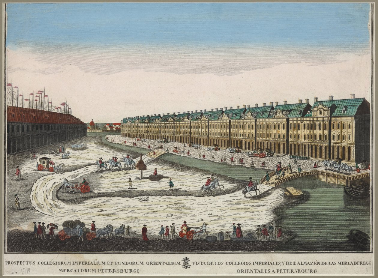 Kilátás a Twelve Collegia épületére (batiment des douze colleges) Szentpéterváron - Anonymous. Rézmetszet, akvarell alkotó: Unknown artist