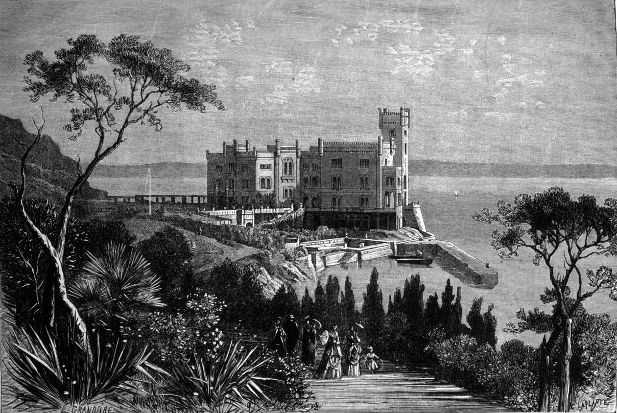 A trieszti Miramare kastély látképe (osztrák időszakban), metszet 1885-ből alkotó: Unknown artist