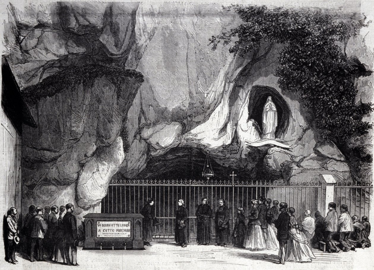 Kilátás a Lourdes-i barlangra a Magas-Pireneusokban, ahol a Szűzanya megjelent Bernadette Soubirousnak (1844-1879) 1858-ban, a jelenlegi zarándokhely. századi metszet alkotó: Unknown artist