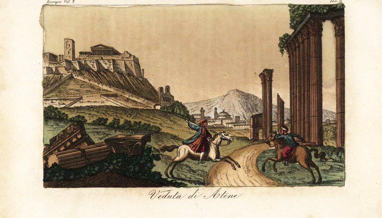 Kilátás Athén városára, Görögországra, balra az Akropolisszal és Parthenonnal, előtte oszlopok, emlékművek és Propylaea romjai alkotó: Unknown artist