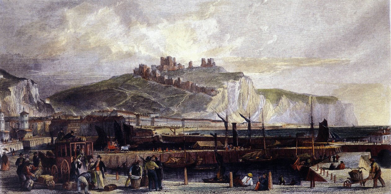 Kilátás Dover városára és a magas fehér krétaszikláira Angliában. 1850. alkotó: Unknown artist