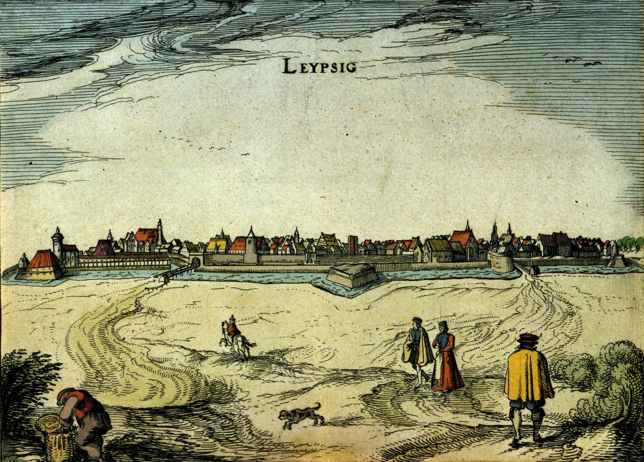 Kilátás a németországi Lipcse városára. 18. századi metszet alkotó: Unknown artist