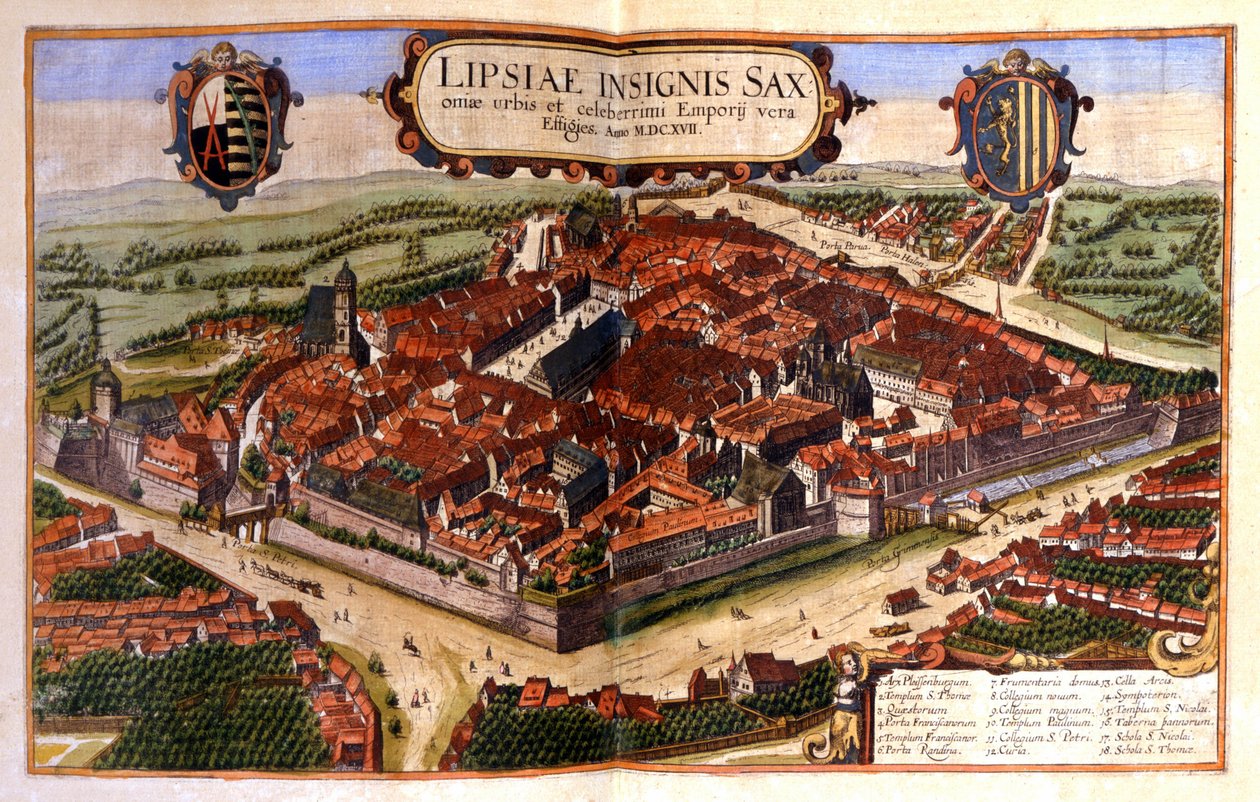 Kilátás a németországi Lipcse városára. 17. századi metszet alkotó: Unknown artist