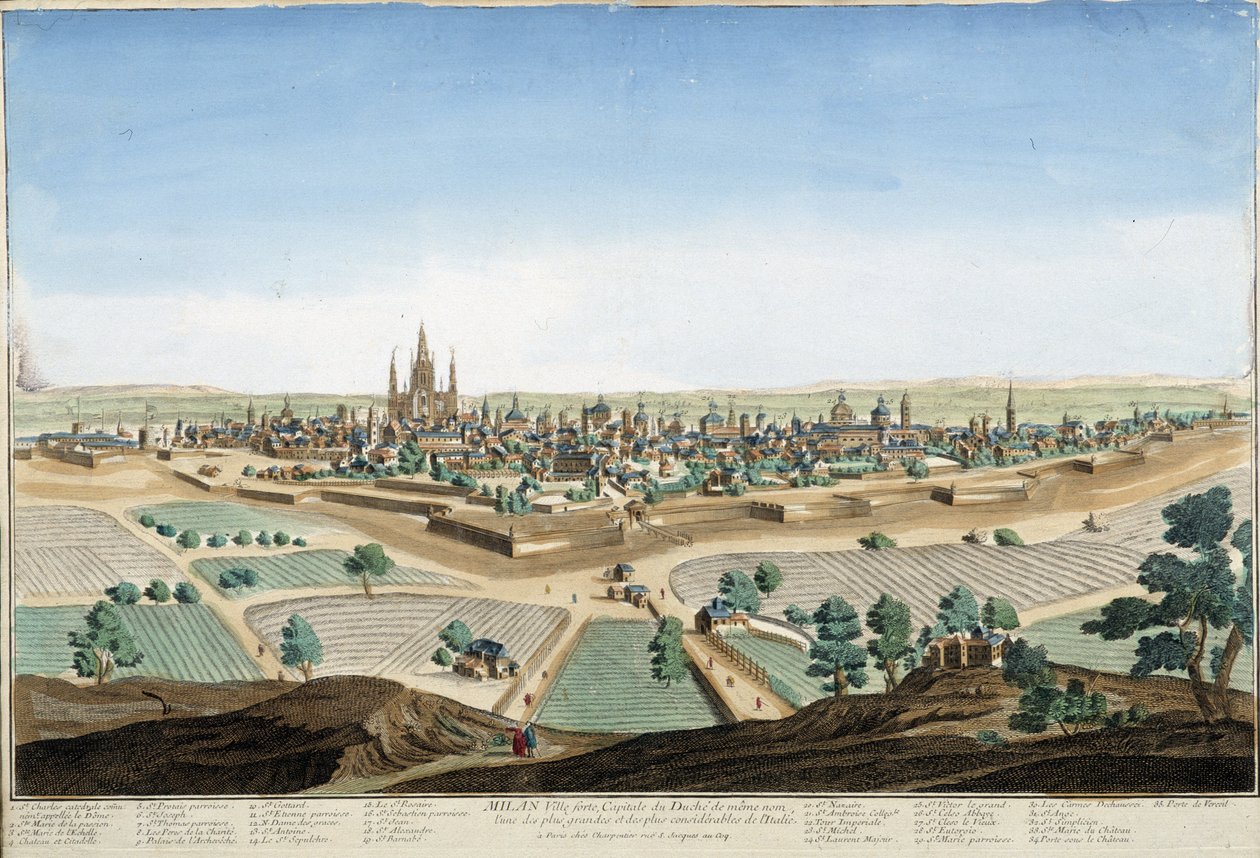 Kilátás Milánó városára, Olaszországban a katedrálissal és az erődítményekkel. 18. századi metszet. alkotó: Unknown artist