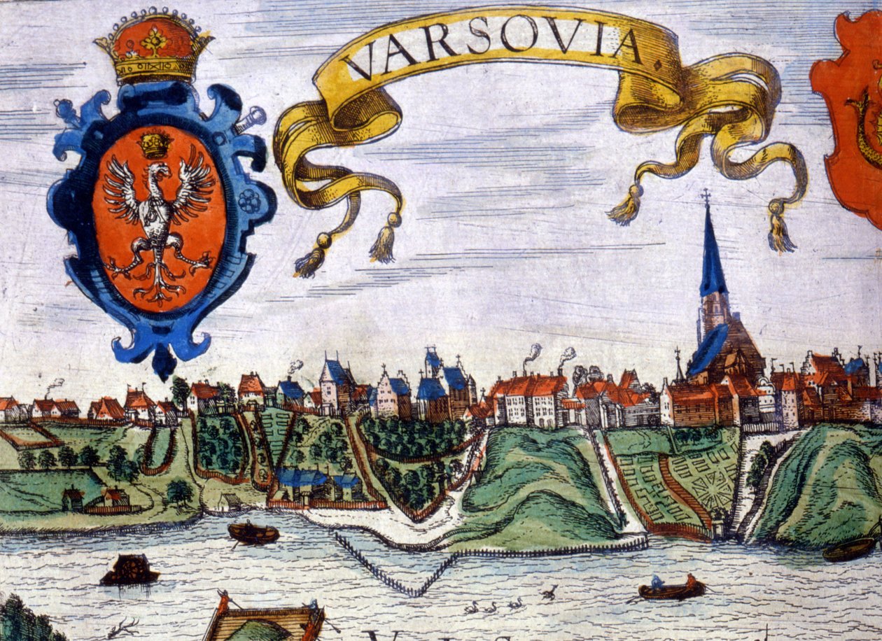 Varsó városának kilátása a város címerével. 1780. alkotó: Unknown artist