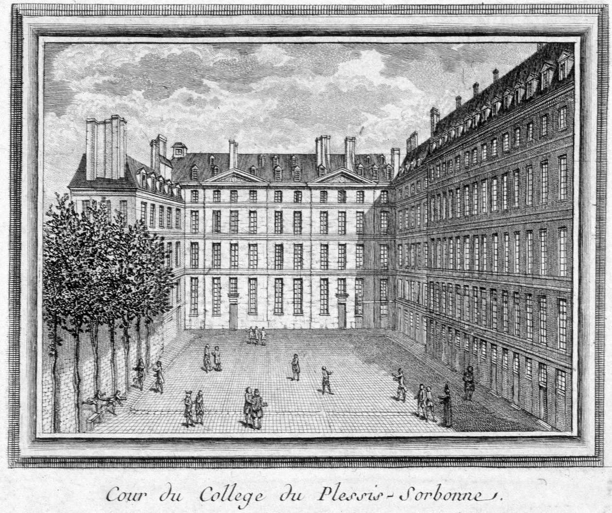 A Geoffroy du Plessis Balisson által 1323-ban alapított, 1848-ban és 1849-ben az ENA által használt Plessis Sorbonne (Párizs) főiskola udvarának képe. A Musee Carnavaletben őrzött metszet. alkotó: Unknown artist