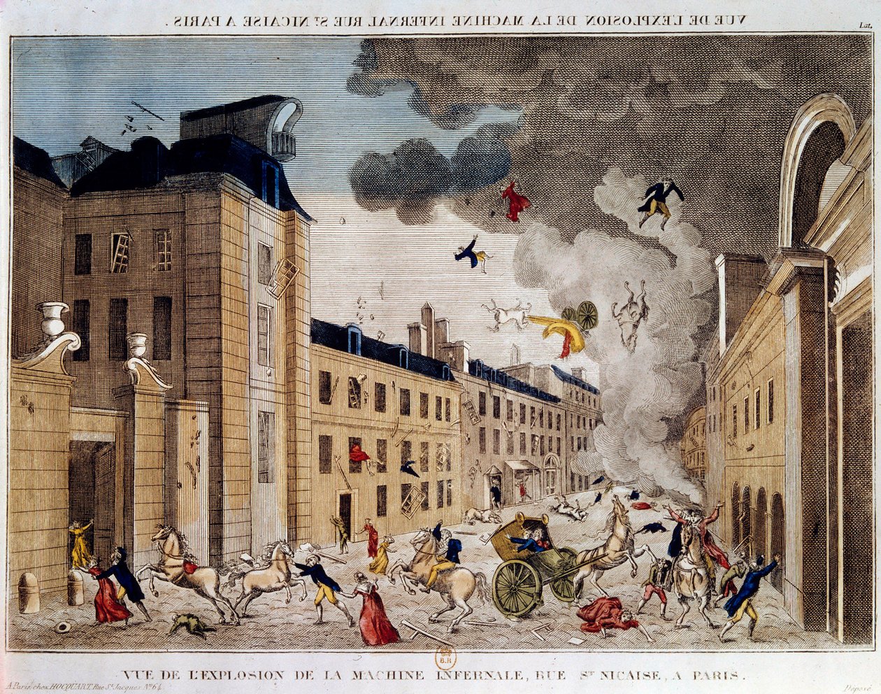 Kilátás a párizsi rue Saint Nicaise pokolgépének felrobbanására a 3. nivose an IX. A pokolgép összeesküvése Napóleon Bonaparte, a Brumaire 18-i államcsínyt követő új első konzul megölésére irányuló összeesküvés. Egy be alkotó: Unknown artist