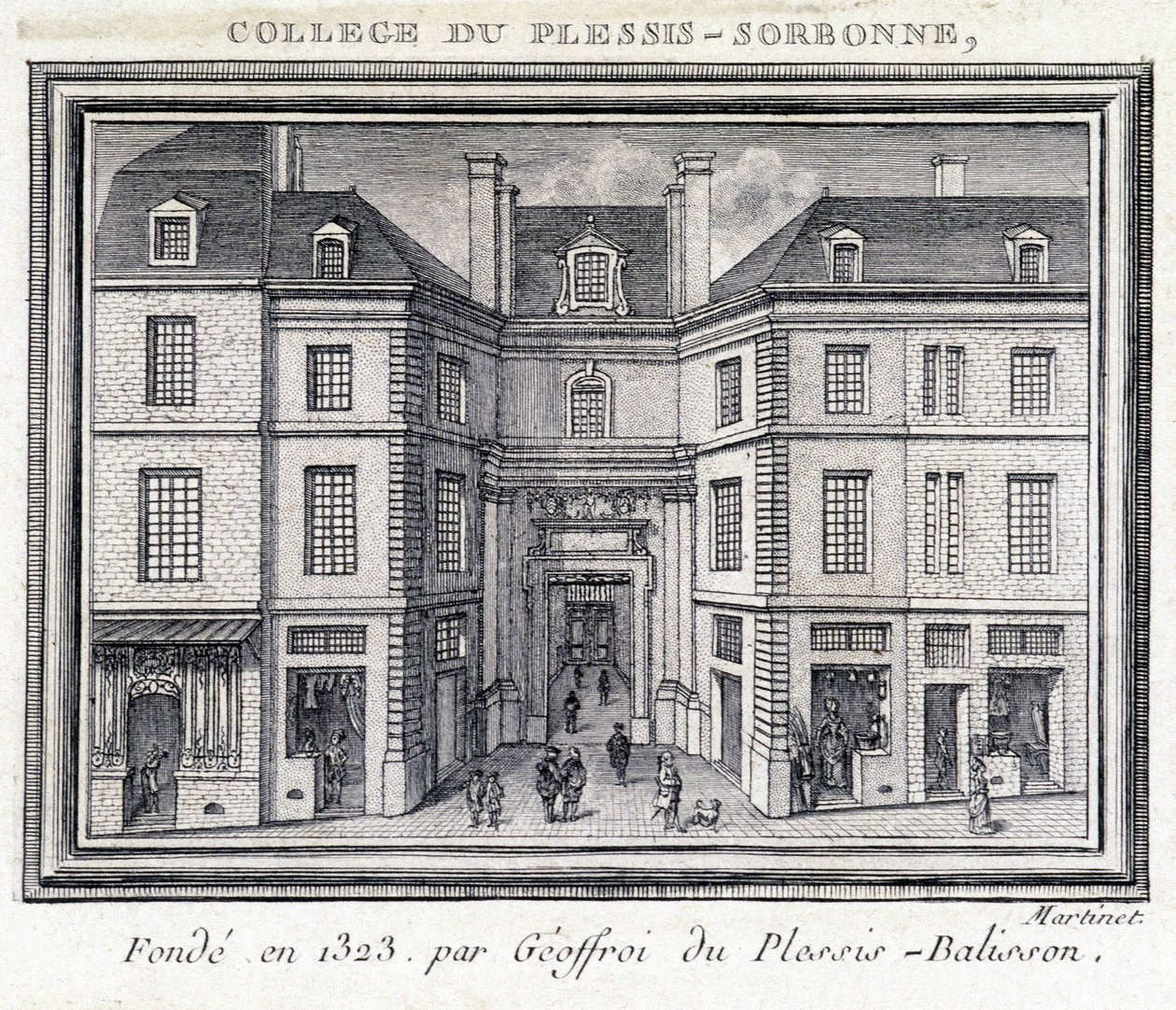 Kilátás a Plessis Sorbonne (Párizs) főiskola külső homlokzatára, amelyet 1323-ban alapított Geoffroy of Plessis Balisson, amelyet 1848 és 1849 között használt az ENA. A metszet a párizsi Musee Carnavaletben maradt fenn. alkotó: Unknown artist
