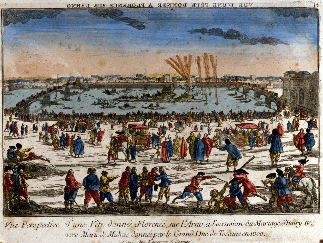 Kilátás a Firenzében az Arno folyó partján a toszkán nagyherceg által IV. Henrik Medici Máriával 1600-ban tartott esküvője alkalmából. Metszet. alkotó: Unknown artist