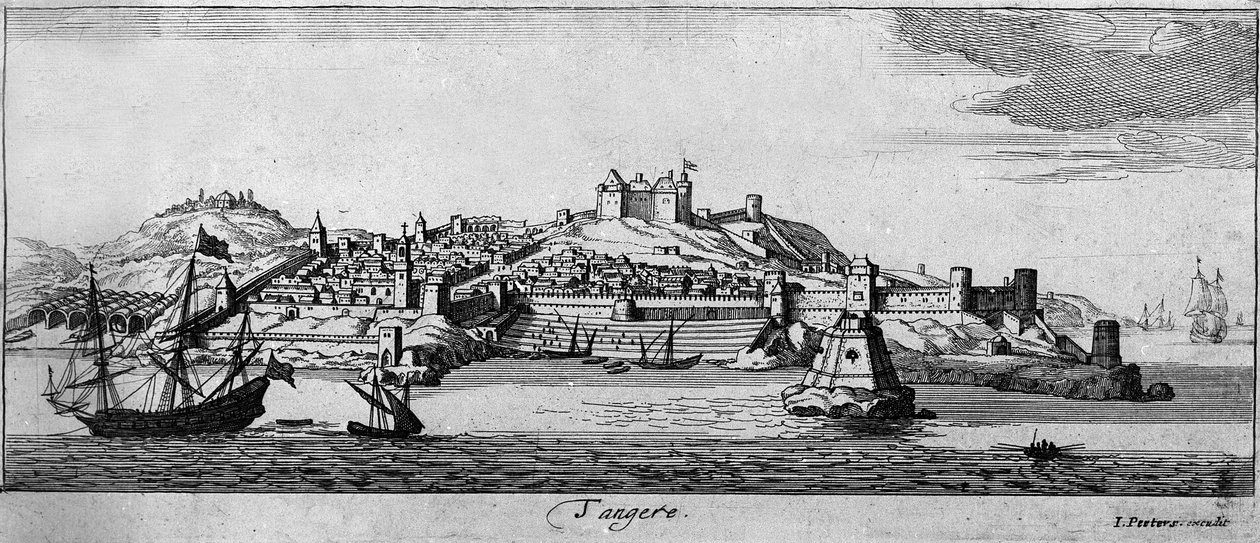 Kilátás a megerősített Tanger városra és a tengerpartra, Marokkó. 18. századi metszet. alkotó: Unknown artist
