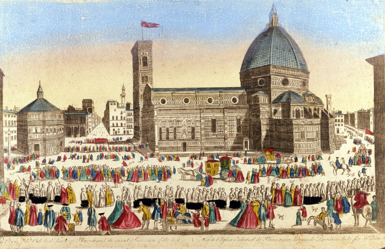 Kilátás a nagy firenzei katedrálisra (Duomo Santa Maria del Fiore), amelyet Filippo Brunelleschi valósított meg, a Szent Isten körmenetének napján. 1790 kb. alkotó: Unknown artist