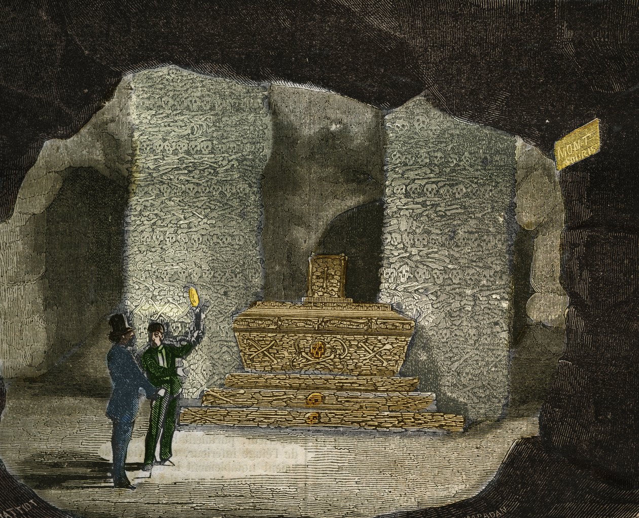 Kilátás a párizsi Montsouris katakombák osszáriumára. Metszet 1856-ból a „Le Musee Des Sciences”-ben alkotó: Unknown artist