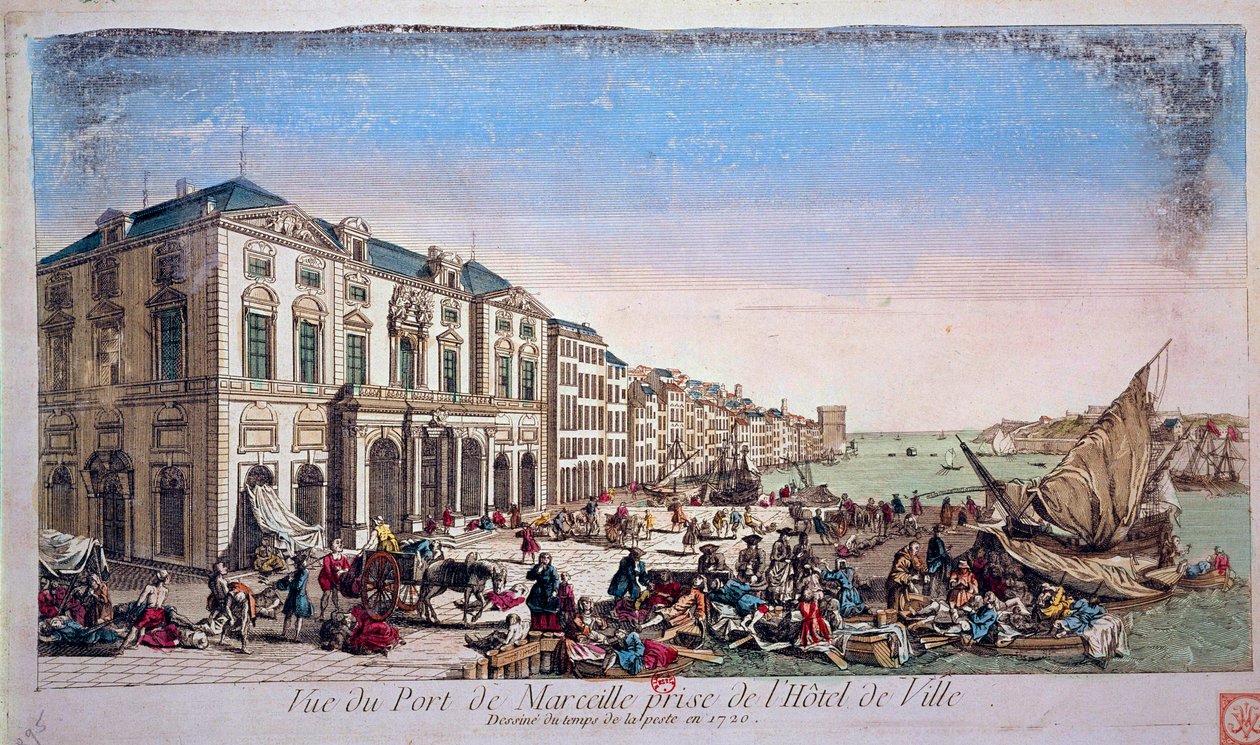 Kilátás a marseille-i kikötőre a városházáról az 1720-as pestisjárvány idején, 1720-as metszet Párizs, B.N. alkotó: Unknown artist